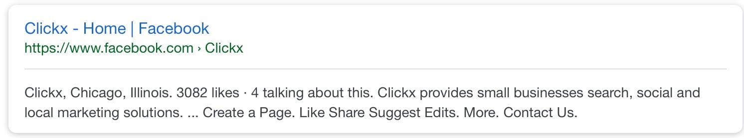 Example of how Google will display a Facebook page in results list.
