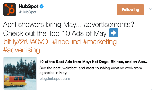 Twitter post from Hubspot about Top 10 Ads.
