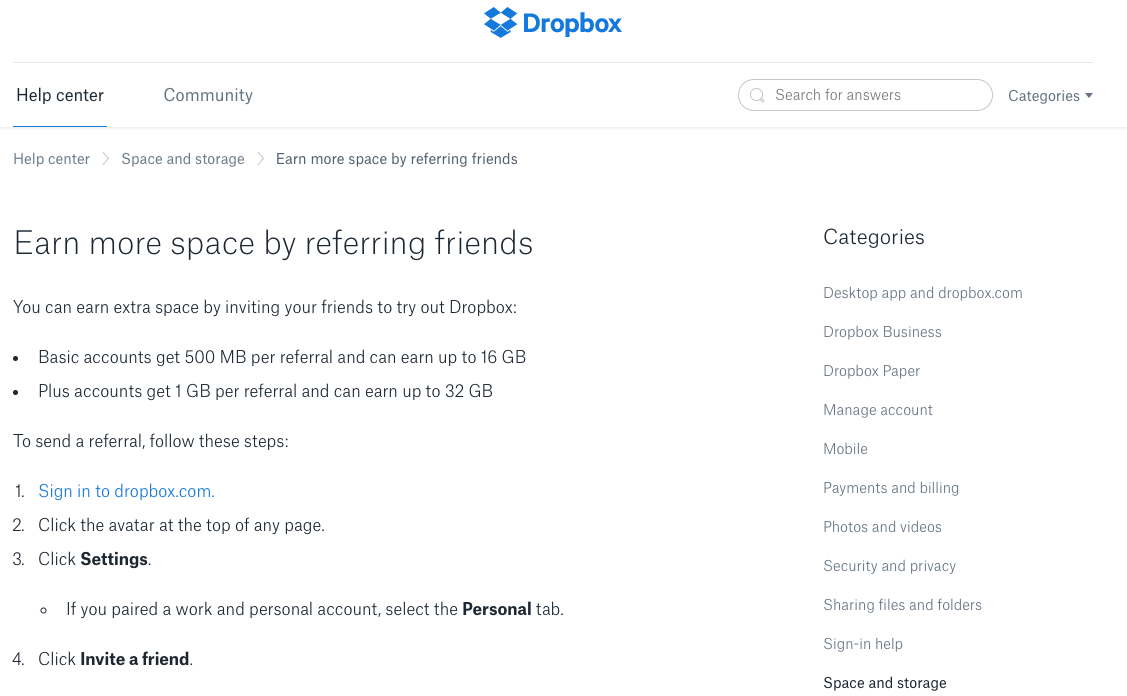 Example of Referral Marketing from Dropbox.