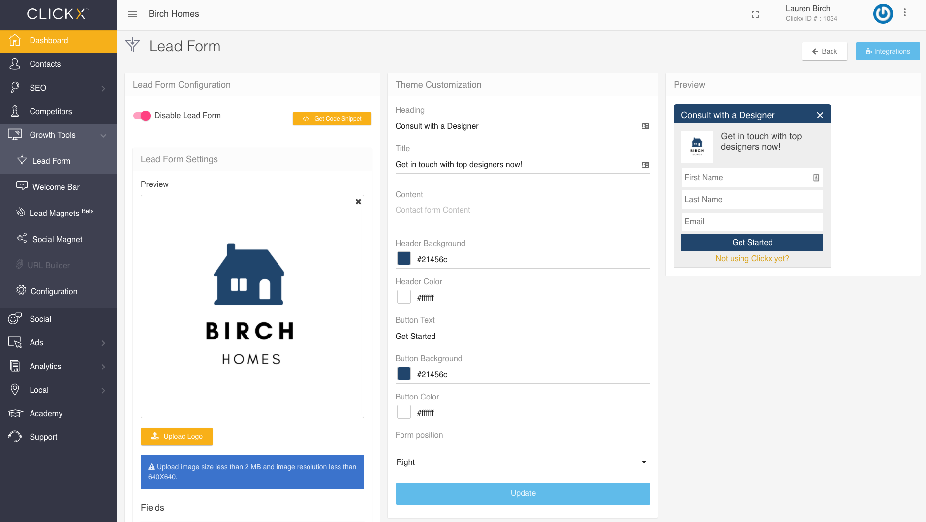 Clickx Lead Form Customization