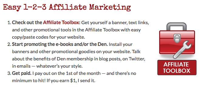 Example of an affiliate marketing program from Freelance Writers Den.