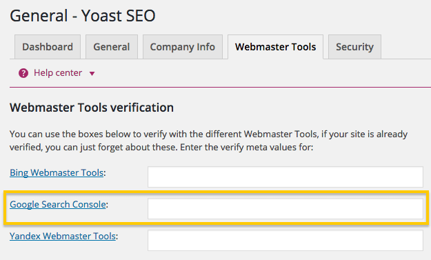 Screenshot of the Google Webmaster settings in Yoast SEO