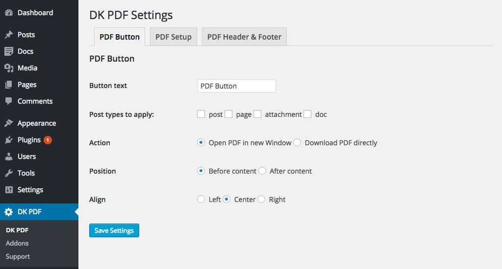 DK PDF WordPress admin