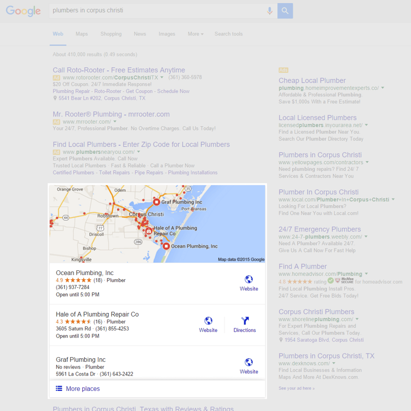 Example of a local pack displayed in a search result