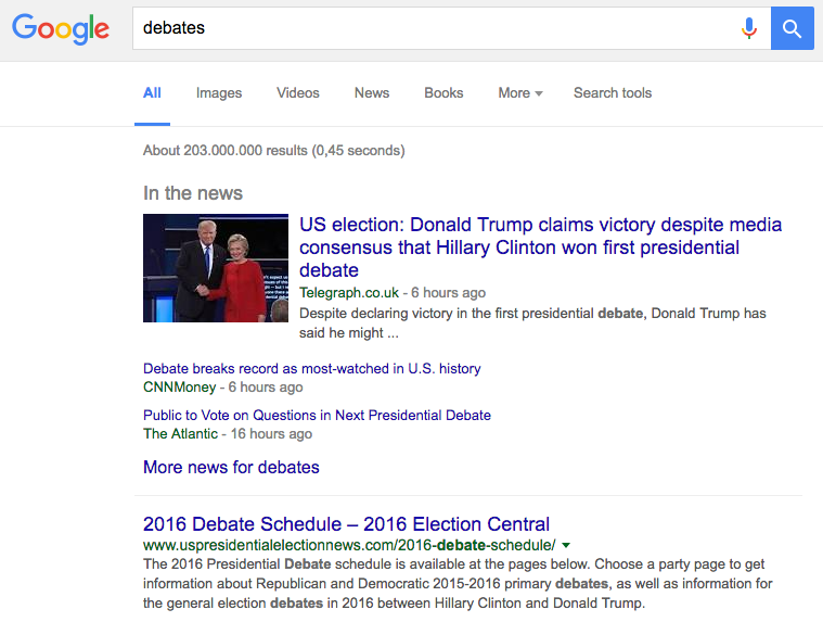 Example of news showing above regular results for a simple keyword