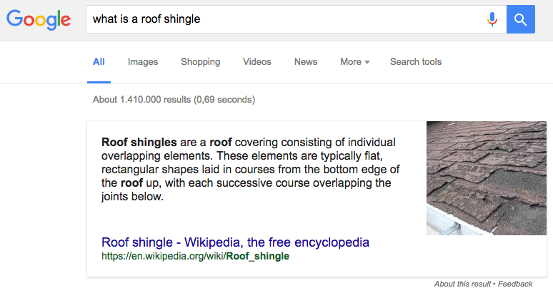Example of a featured snippet for the search "What is a roof shingle".
