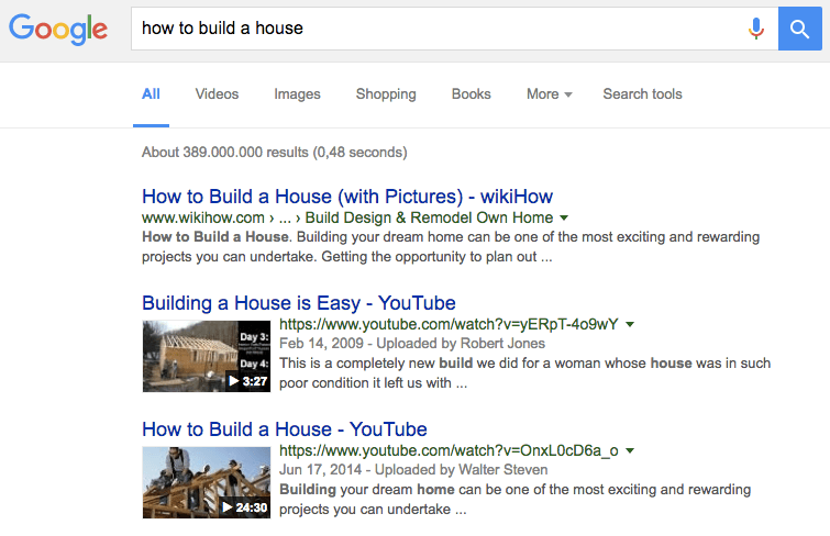 Example of videos in Google search