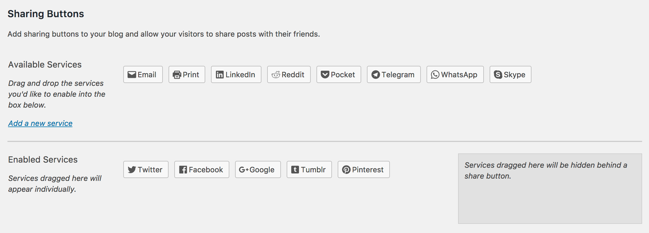 Jetpack sharing button options.