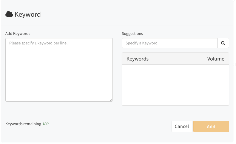 Clickx App screen for inputting keywords