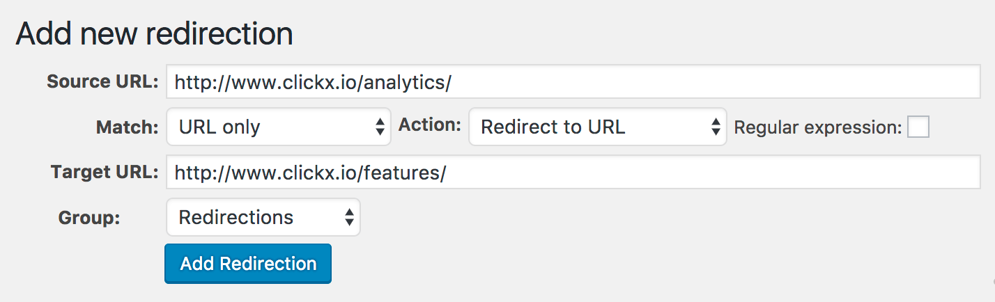 Screenshot of adding a new redirection URL in WordPress
