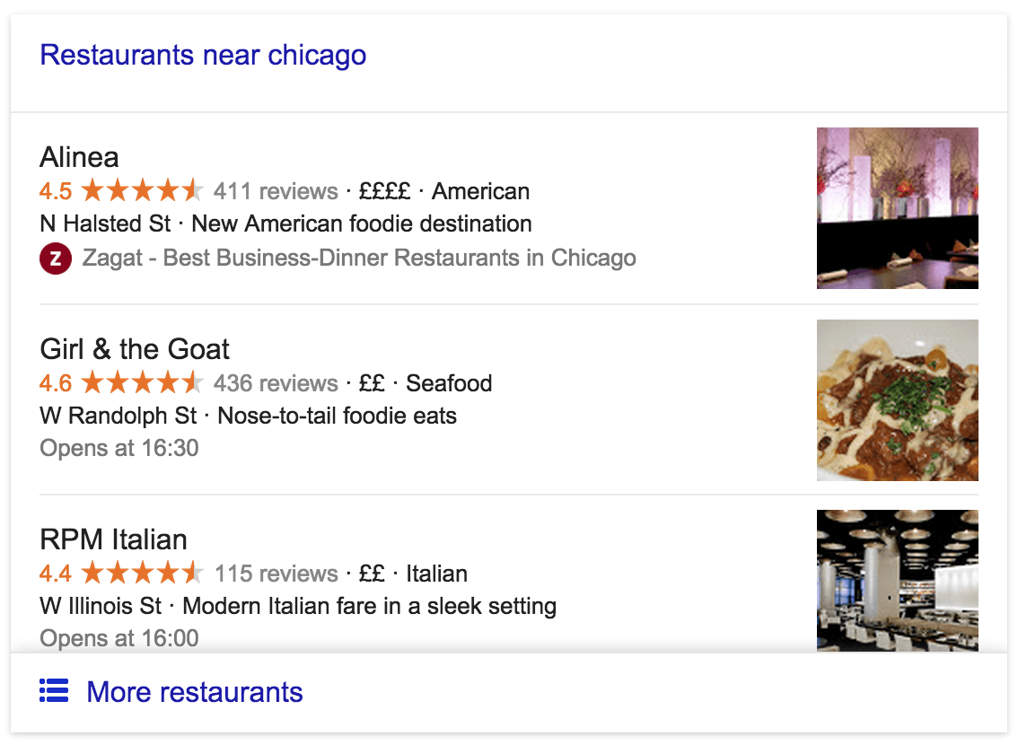 'restaurants in chicago' Google search