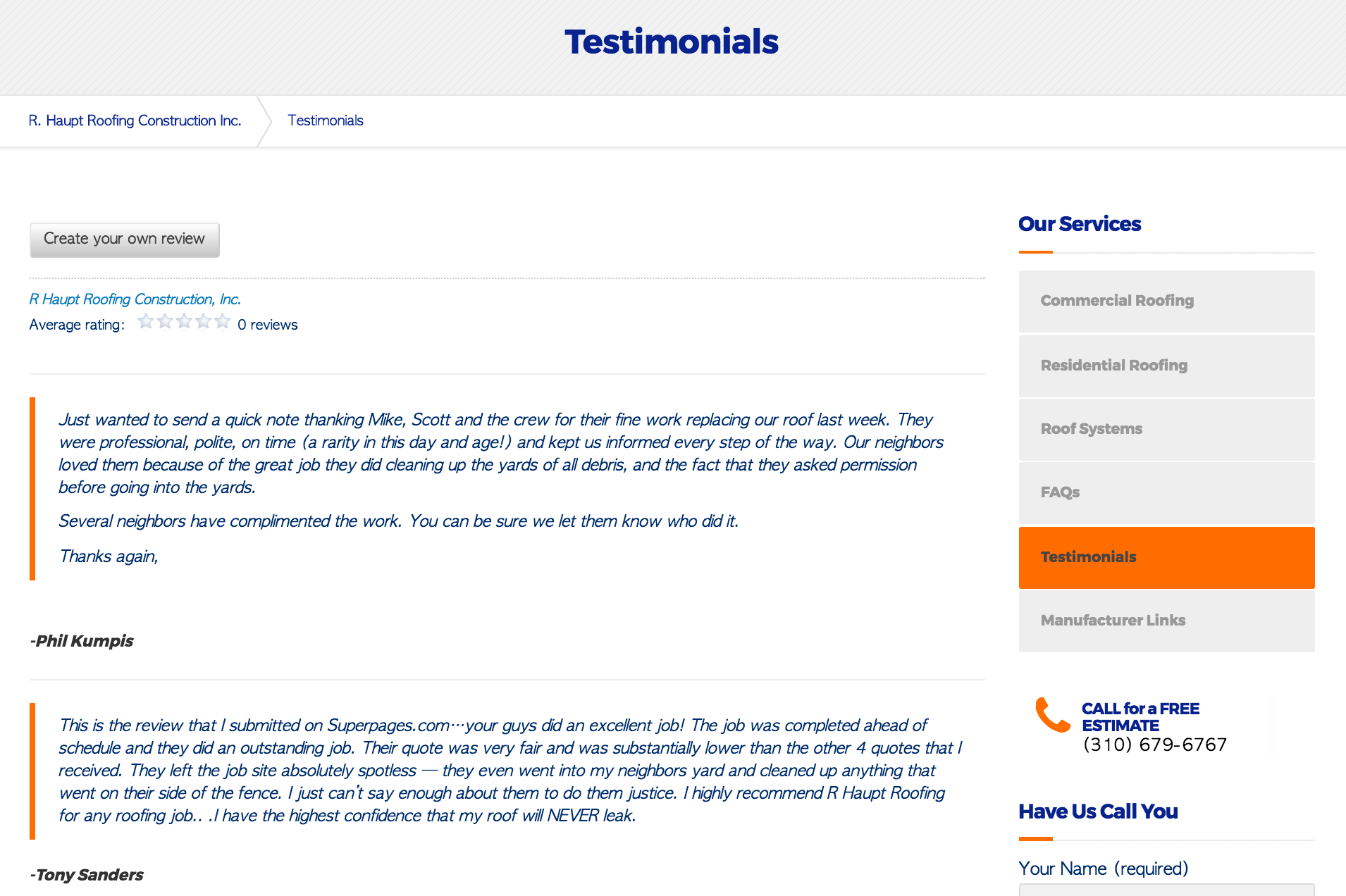 Example of featured testimonials on a roofing company website