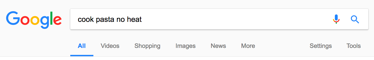 Google search example for a choppy search like "Cook pasta no heat"