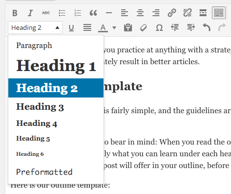 TinyMCE editor styles with Heading 2 selected