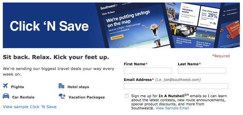 Southwest Airlines sends travel deals if you subscribe to their newsletter.
