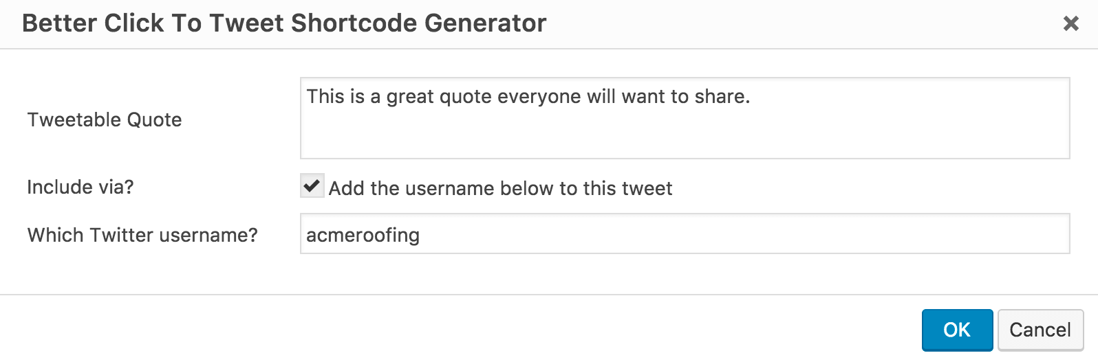 The tweet shortcode generator box.