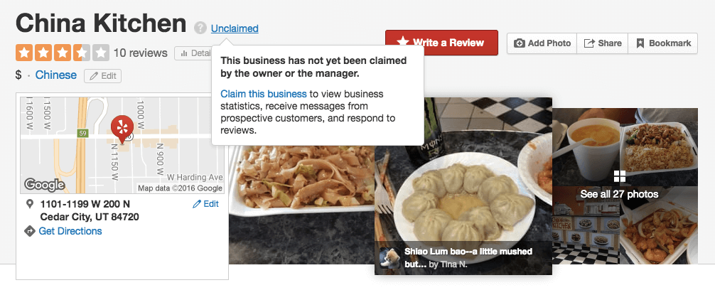 Example of an unclaimed business on Yelp.