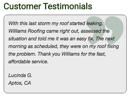 An example of Williams Roofing testimonials.