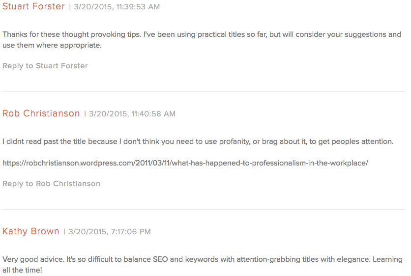 Example of feedback in comments from Hubspot blog post.