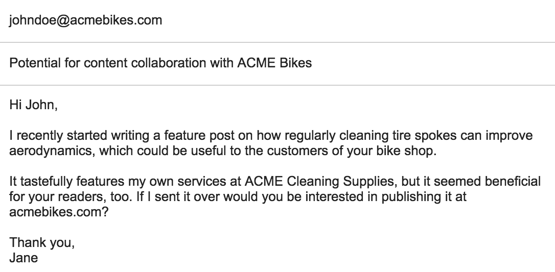Example of an email backlink request via guest post
