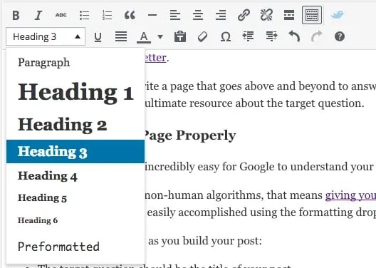 Screenshot of the WordPress formatting drop-down.