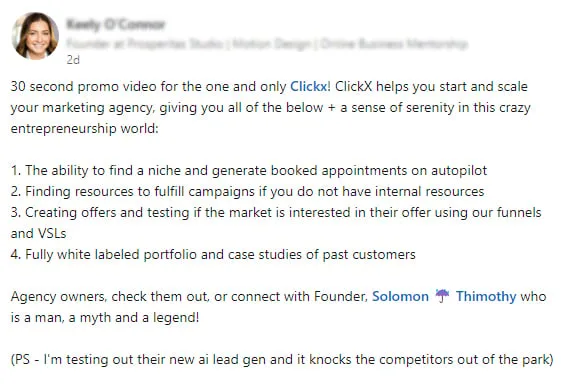 Screenshot of client results with Clickx
