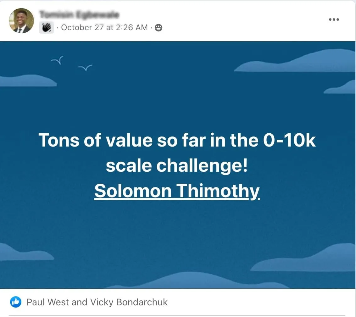 Social media review praising Clickx SCALE program